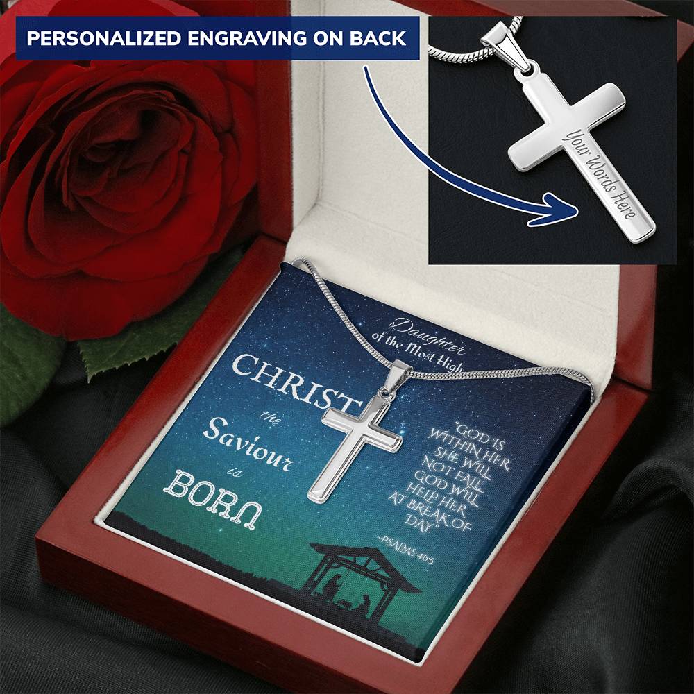 Custom Engraved Artisan Cross Necklace: Christian Christmas for Her Jewelry Mahogany Style Luxury Box with LED Polished Stainless Steel The Silver Clover & Co.