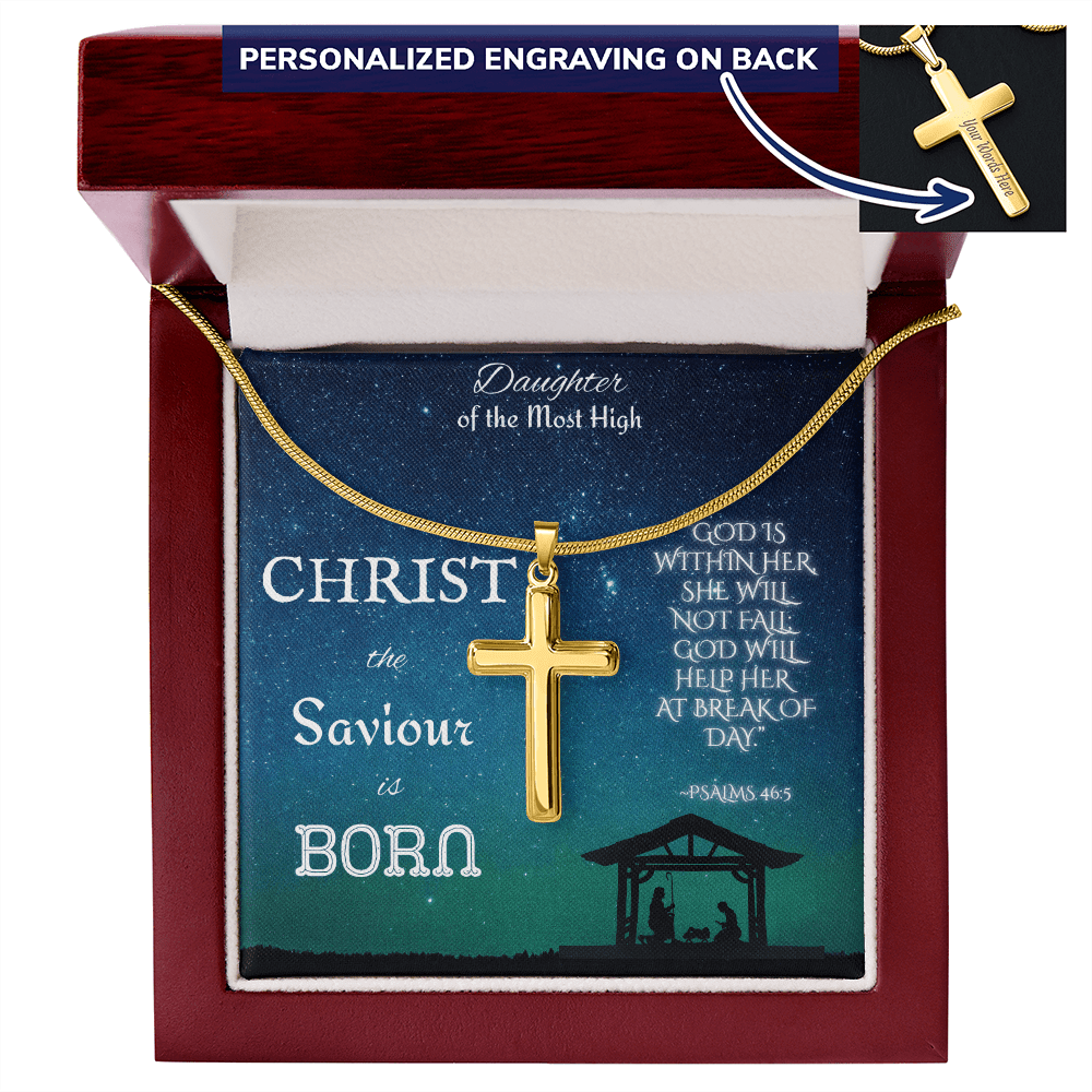 Custom Engraved Artisan Cross Necklace: Christian Christmas for Her Jewelry Mahogany Style Luxury Box with LED 18K Yellow Gold The Silver Clover & Co.