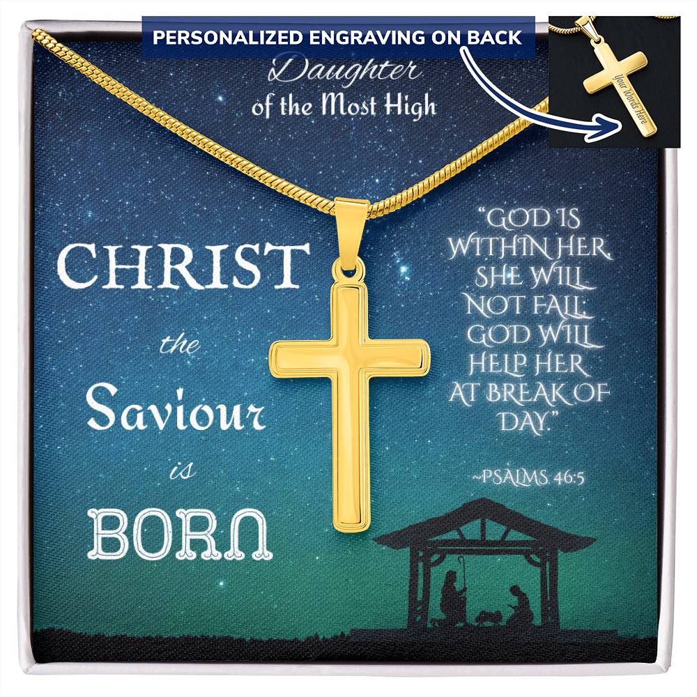 Custom Engraved Artisan Cross Necklace: Christian Christmas for Her Jewelry Mahogany Style Luxury Box with LED Polished Stainless Steel The Silver Clover & Co.