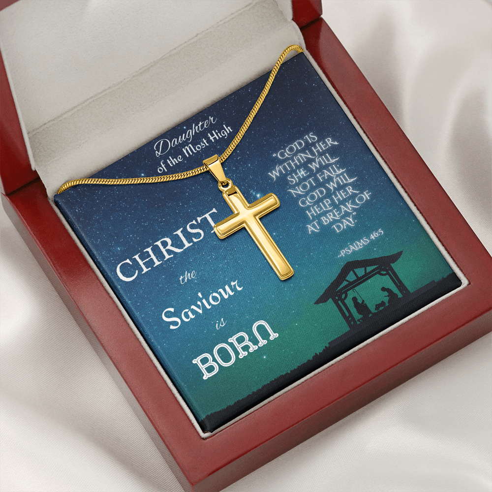 Custom Engraved Artisan Cross Necklace: Christian Christmas for Her Jewelry Mahogany Style Luxury Box with LED 18K Yellow Gold The Silver Clover & Co.