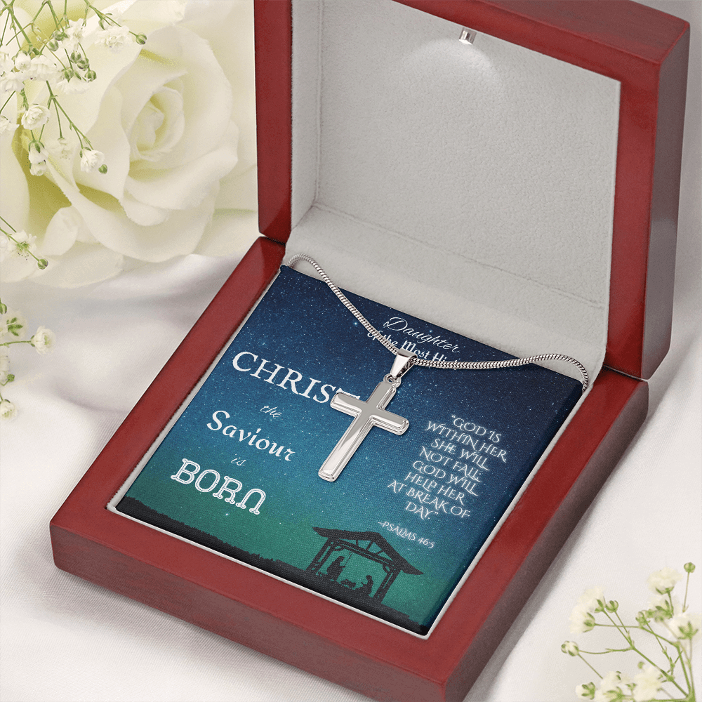 Custom Engraved Artisan Cross Necklace: Christian Christmas for Her Jewelry Mahogany Style Luxury Box with LED 18K Yellow Gold The Silver Clover & Co.