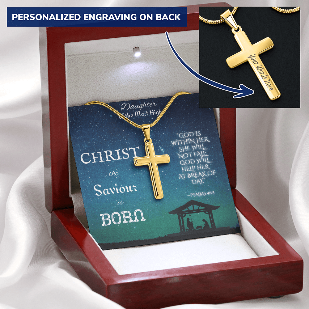 Custom Engraved Artisan Cross Necklace: Christian Christmas for Her Jewelry Two Tone Box Polished Stainless Steel The Silver Clover & Co.