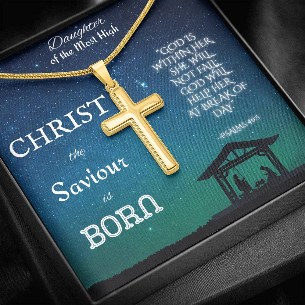 Custom Engraved Artisan Cross Necklace: Christian Christmas for Her Jewelry Mahogany Style Luxury Box with LED 18K Yellow Gold The Silver Clover & Co.
