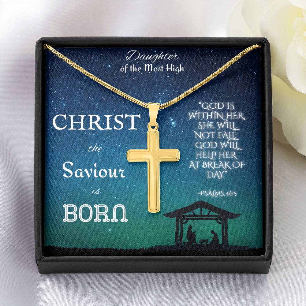 Custom Engraved Artisan Cross Necklace: Christian Christmas for Her Jewelry Mahogany Style Luxury Box with LED Polished Stainless Steel The Silver Clover & Co.
