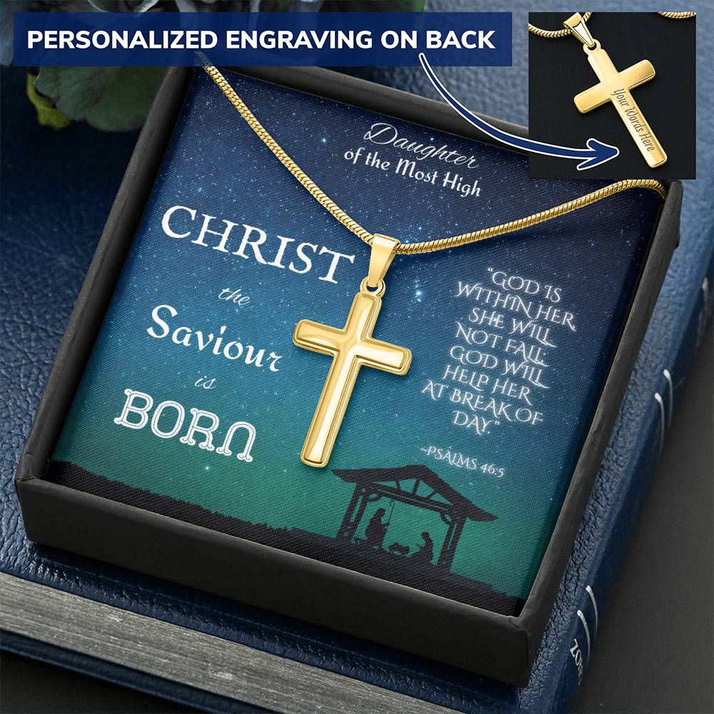 Custom Engraved Artisan Cross Necklace: Christian Christmas for Her Jewelry Mahogany Style Luxury Box with LED Polished Stainless Steel The Silver Clover & Co.