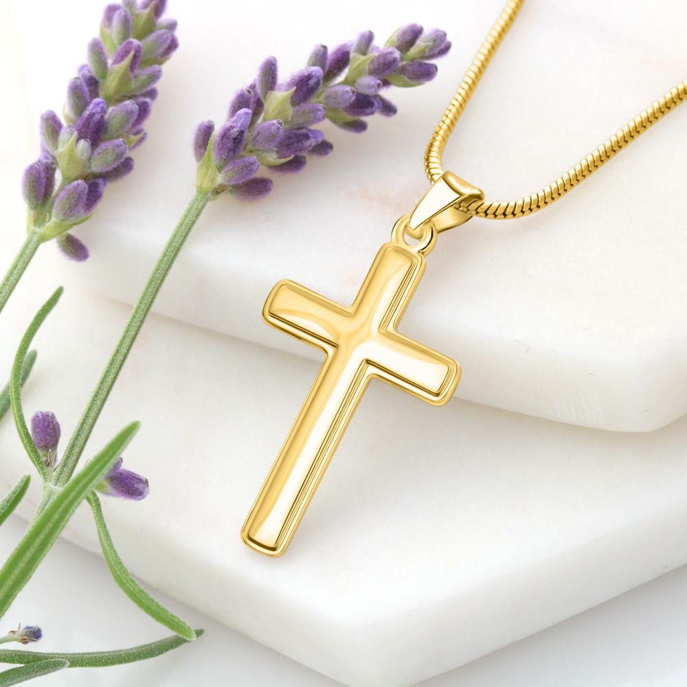 Custom Engraved Artisan Cross Necklace: Christian Christmas for Her Jewelry Mahogany Style Luxury Box with LED 18K Yellow Gold The Silver Clover & Co.