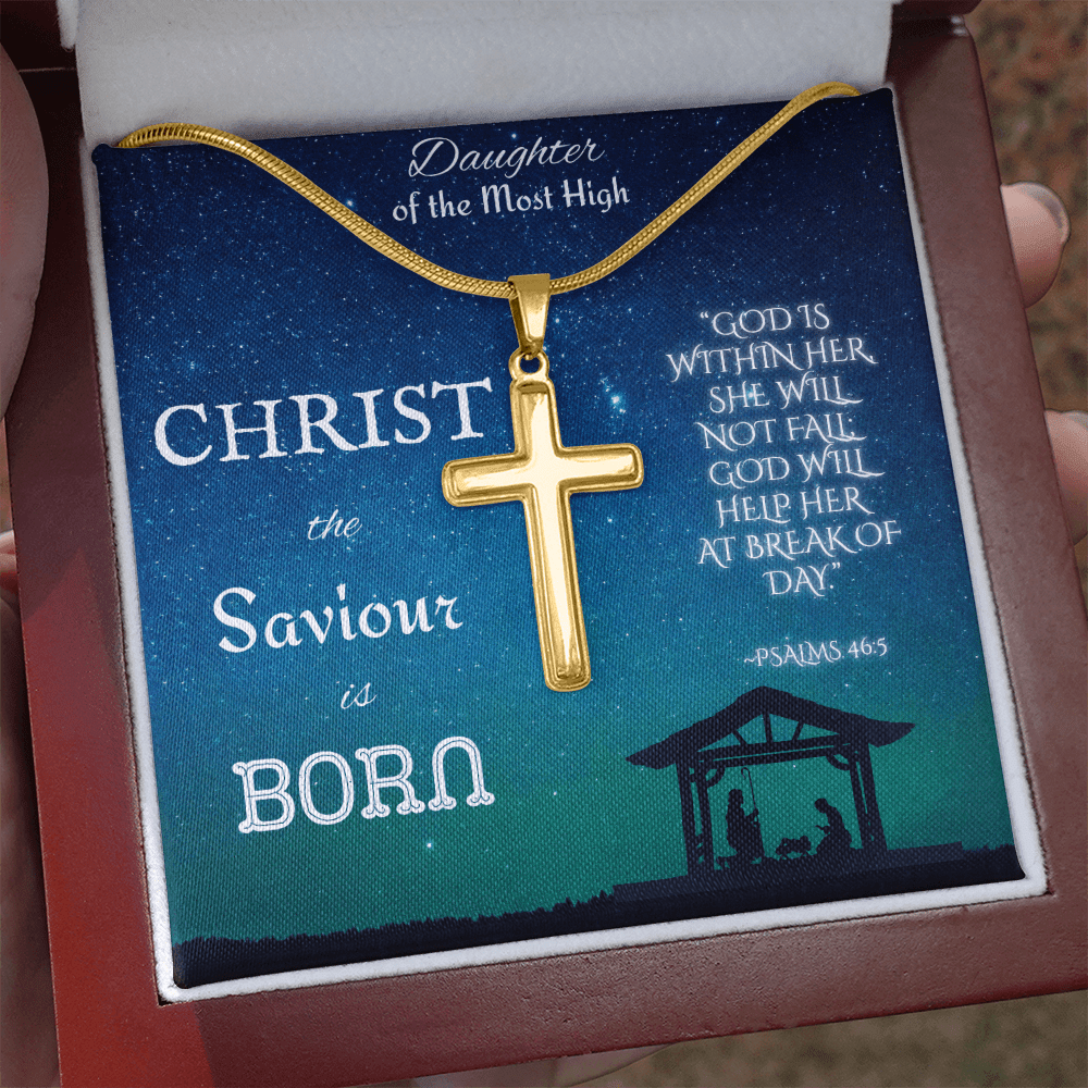 Custom Engraved Artisan Cross Necklace: Christian Christmas for Her Jewelry Mahogany Style Luxury Box with LED 18K Yellow Gold The Silver Clover & Co.