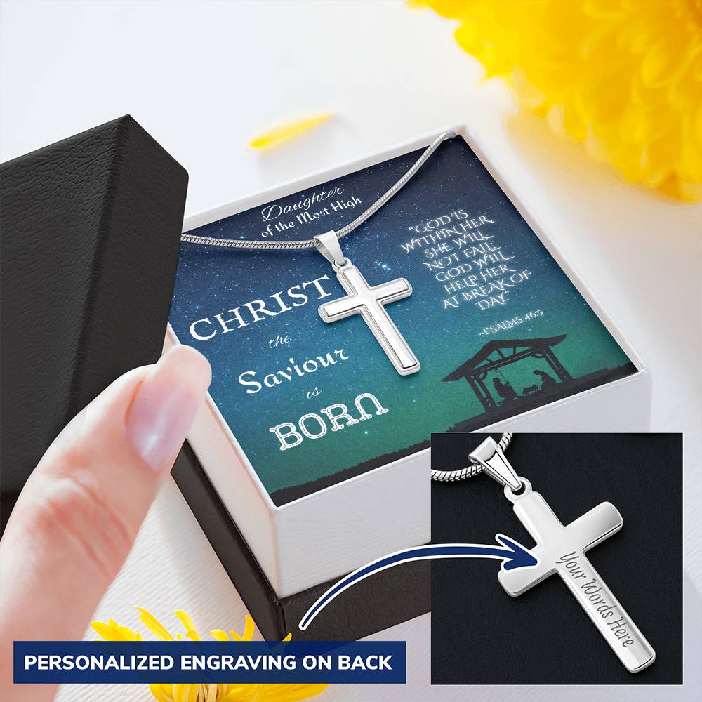 Custom Engraved Artisan Cross Necklace: Christian Christmas for Her Jewelry Mahogany Style Luxury Box with LED 18K Yellow Gold The Silver Clover & Co.