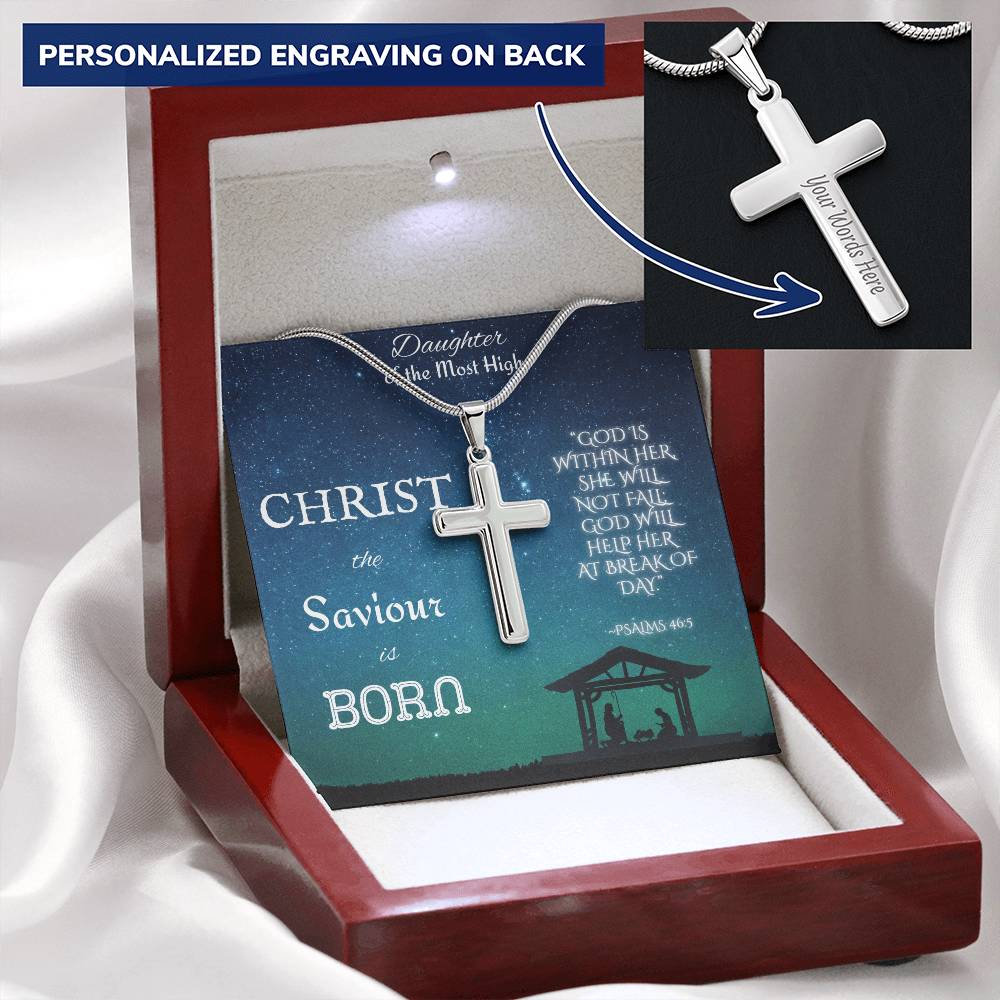 Custom Engraved Artisan Cross Necklace: Christian Christmas for Her Jewelry Mahogany Style Luxury Box with LED 18K Yellow Gold The Silver Clover & Co.