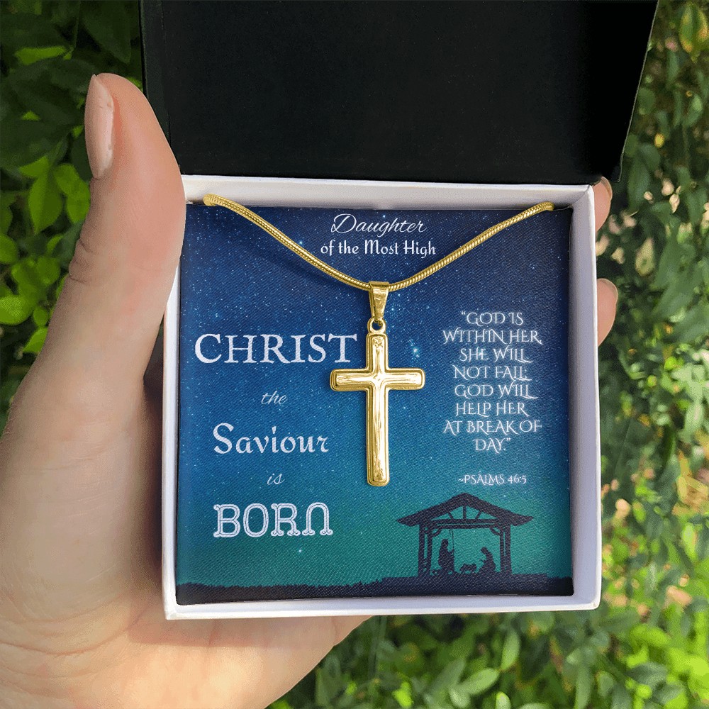 Custom Engraved Artisan Cross Necklace: Christian Christmas for Her Jewelry Mahogany Style Luxury Box with LED 18K Yellow Gold The Silver Clover & Co.