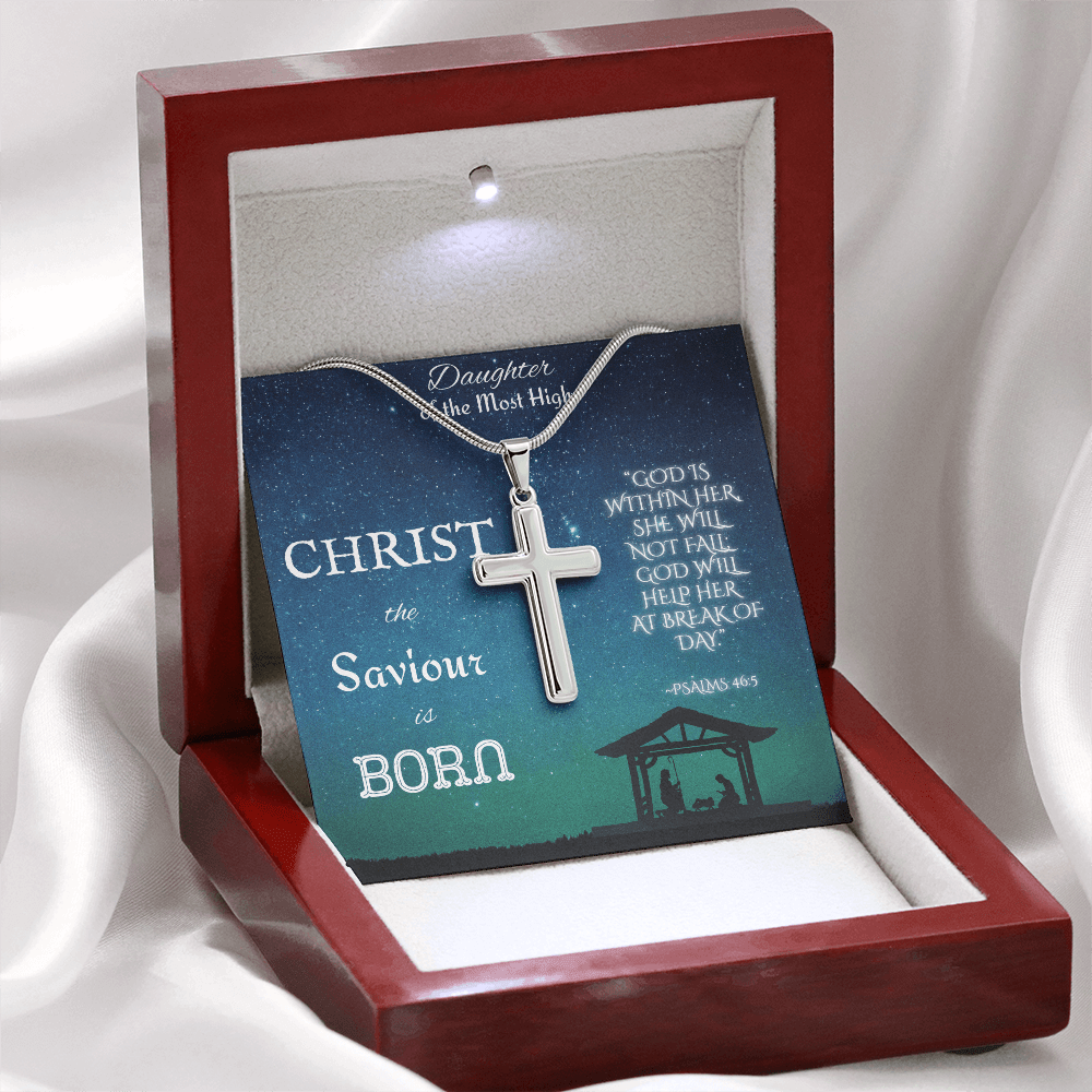 Custom Engraved Artisan Cross Necklace: Christian Christmas for Her Jewelry Mahogany Style Luxury Box with LED 18K Yellow Gold The Silver Clover & Co.