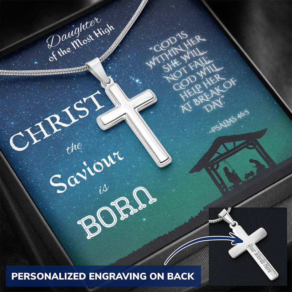 Custom Engraved Artisan Cross Necklace: Christian Christmas for Her Jewelry Mahogany Style Luxury Box with LED 18K Yellow Gold The Silver Clover & Co.
