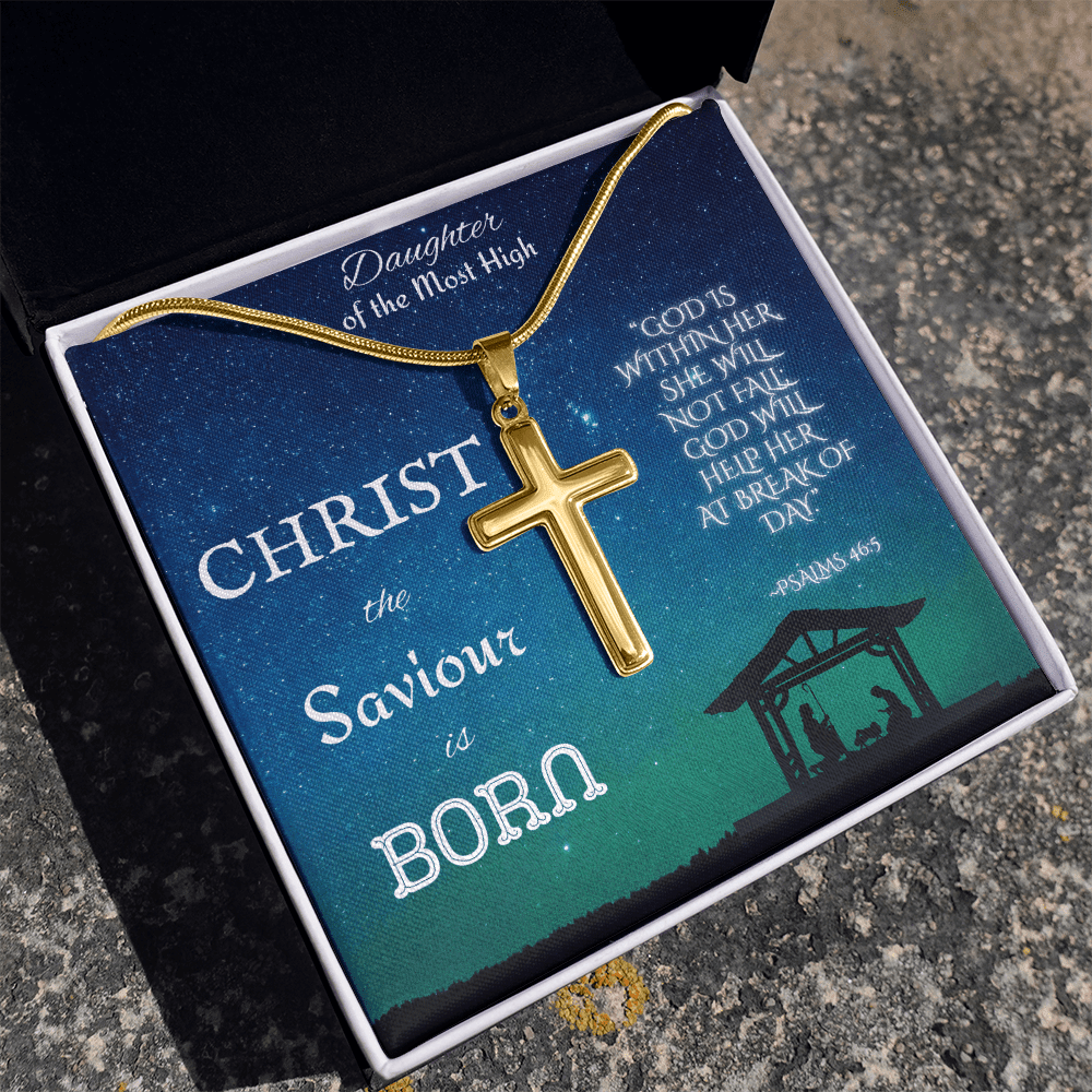 Custom Engraved Artisan Cross Necklace: Christian Christmas for Her Jewelry Mahogany Style Luxury Box with LED 18K Yellow Gold The Silver Clover & Co.