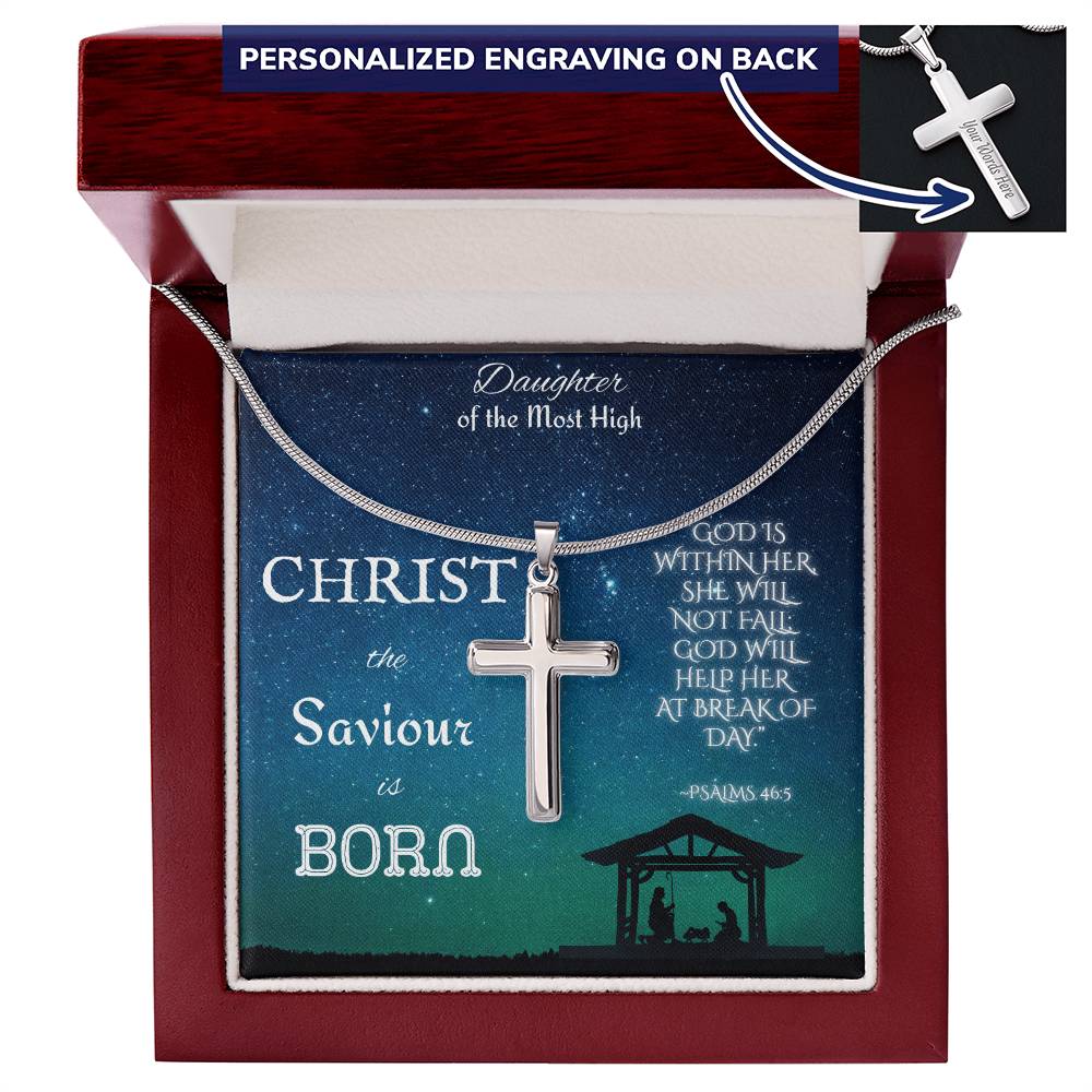 Custom Engraved Artisan Cross Necklace: Christian Christmas for Her Jewelry Mahogany Style Luxury Box with LED 18K Yellow Gold The Silver Clover & Co.