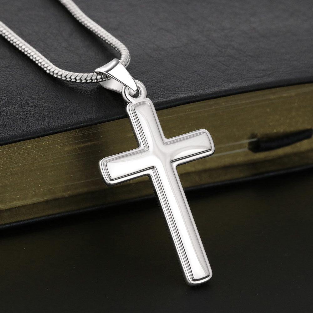 Custom Engraved Cross Necklace: For Our Officiant Jewelry Eucalyptus Two Toned Box The Silver Clover & Co.