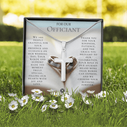 Custom Engraved Cross Necklace: For Our Officiant Jewelry Bleu Fleur Two Toned Box The Silver Clover & Co.