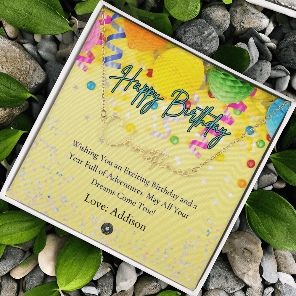 Custom Horizontal Signature Name Necklace: Exciting Happy Birthday Jewelry 18k Yellow Gold Two Tone Box The Silver Clover & Co.