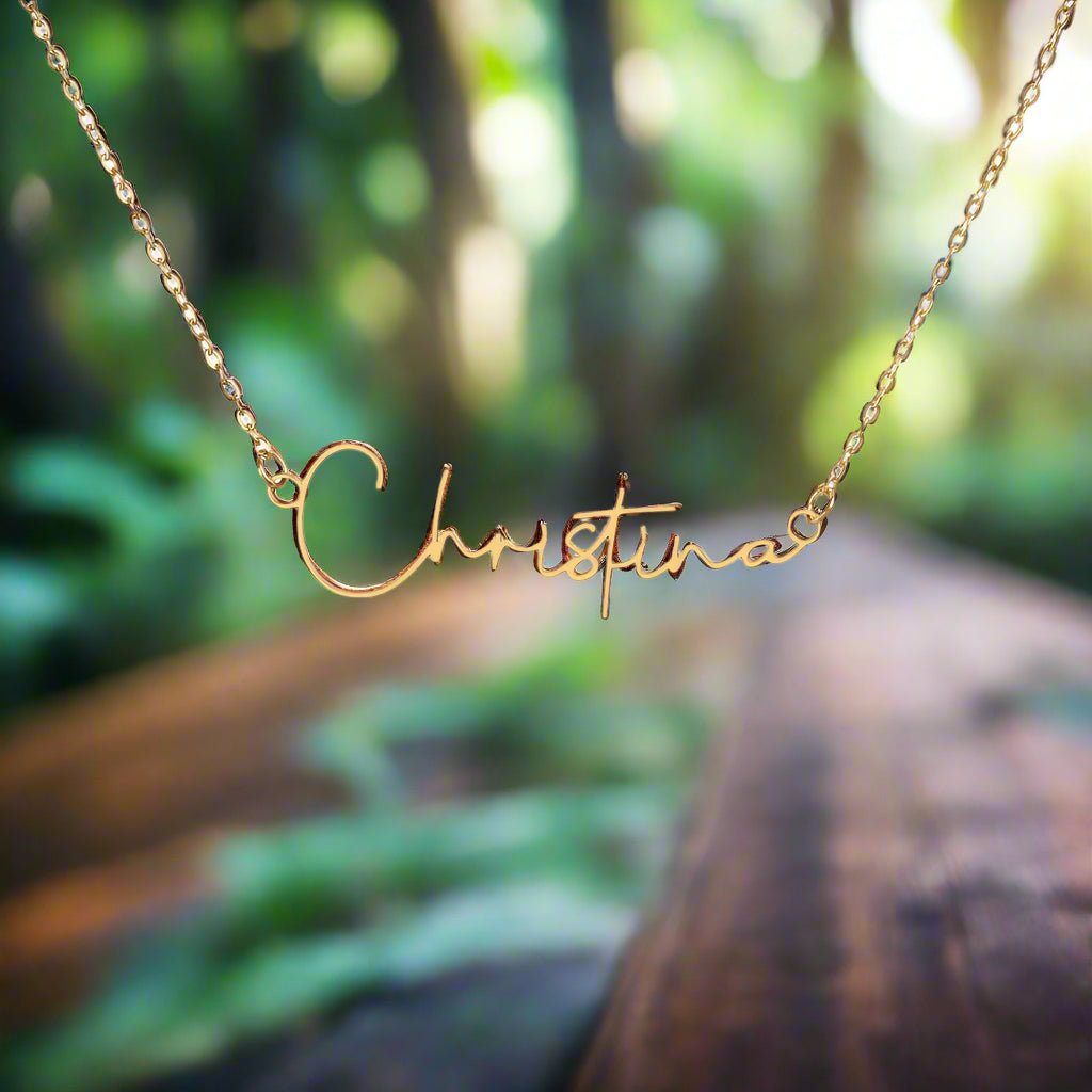 Custom Horizontal Signature Name Necklace: Exciting Happy Birthday Jewelry 18k Yellow Gold Two Tone Box The Silver Clover & Co.
