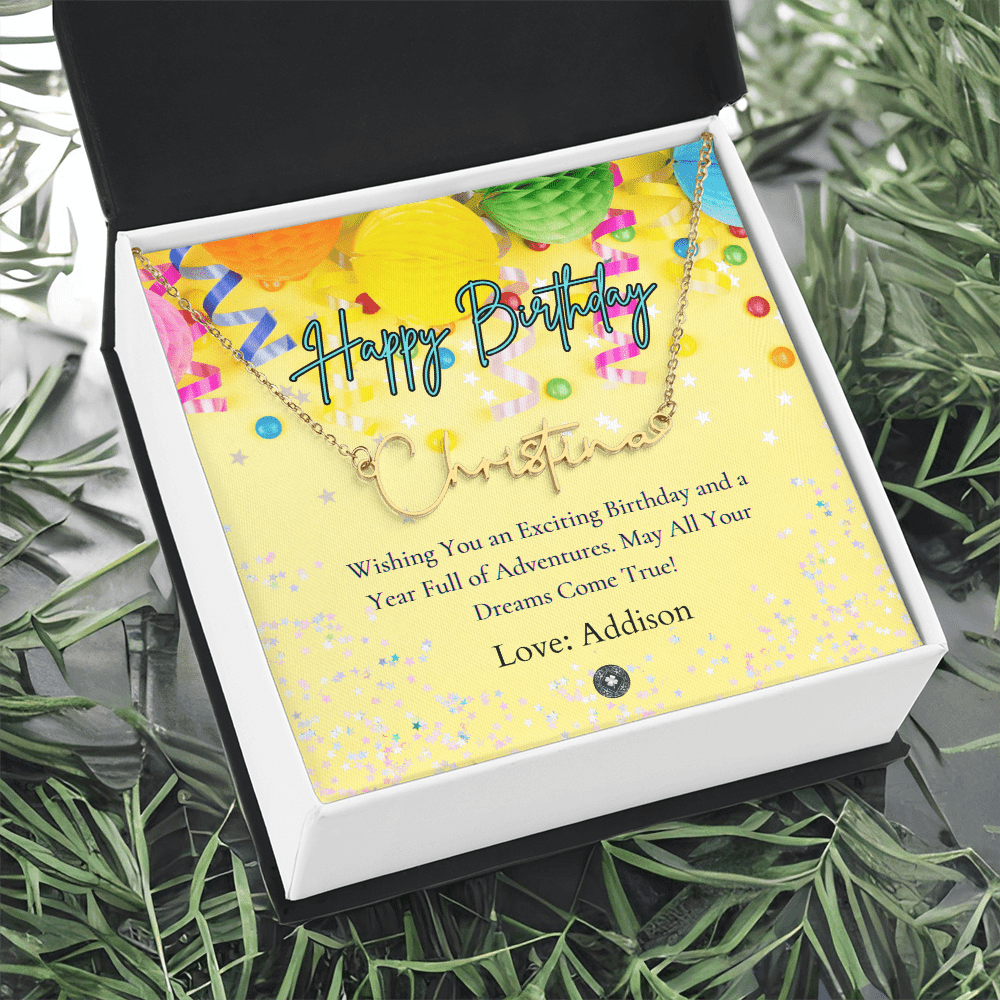 Custom Horizontal Signature Name Necklace: Exciting Happy Birthday Jewelry 18k Yellow Gold Two Tone Box The Silver Clover & Co.