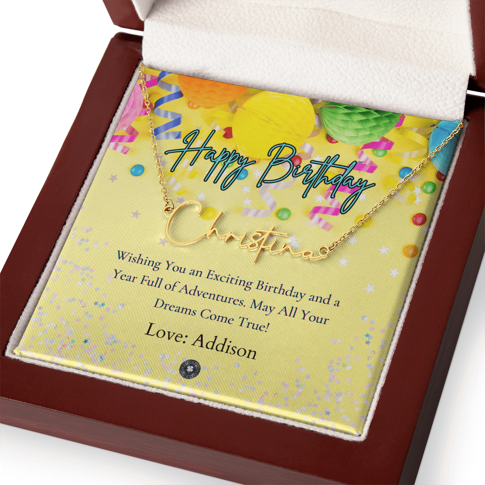 Custom Horizontal Signature Name Necklace: Exciting Happy Birthday Jewelry 18k Yellow Gold Mahogany Style Luxury Box with LED The Silver Clover & Co.