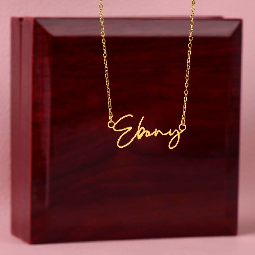 Custom Horizontal Signature Name Necklace: Exciting Happy Birthday Jewelry 18k Yellow Gold Mahogany Style Luxury Box with LED The Silver Clover & Co.