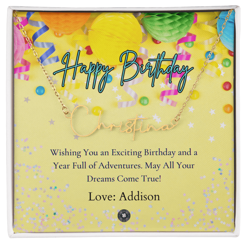 Custom Horizontal Signature Name Necklace: Exciting Happy Birthday Jewelry 18k Yellow Gold Two Tone Box The Silver Clover & Co.