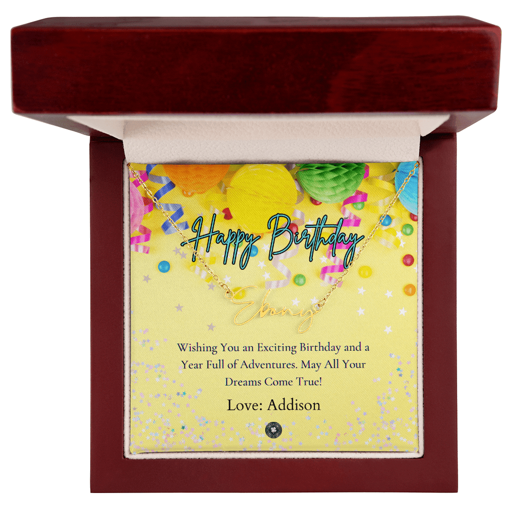 Custom Horizontal Signature Name Necklace: Exciting Happy Birthday Jewelry 18k Yellow Gold Mahogany Style Luxury Box with LED The Silver Clover & Co.