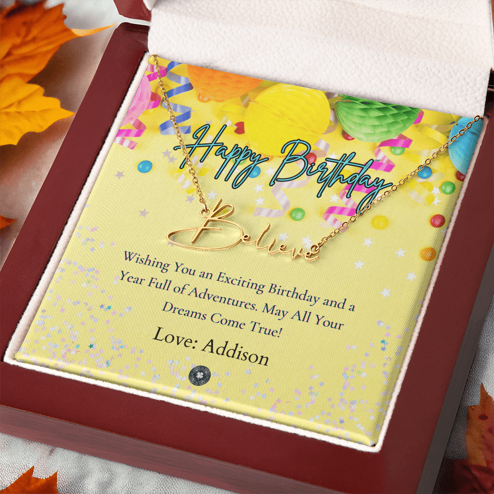 Custom Horizontal Signature Name Necklace: Exciting Happy Birthday Jewelry 18k Yellow Gold Mahogany Style Luxury Box with LED The Silver Clover & Co.