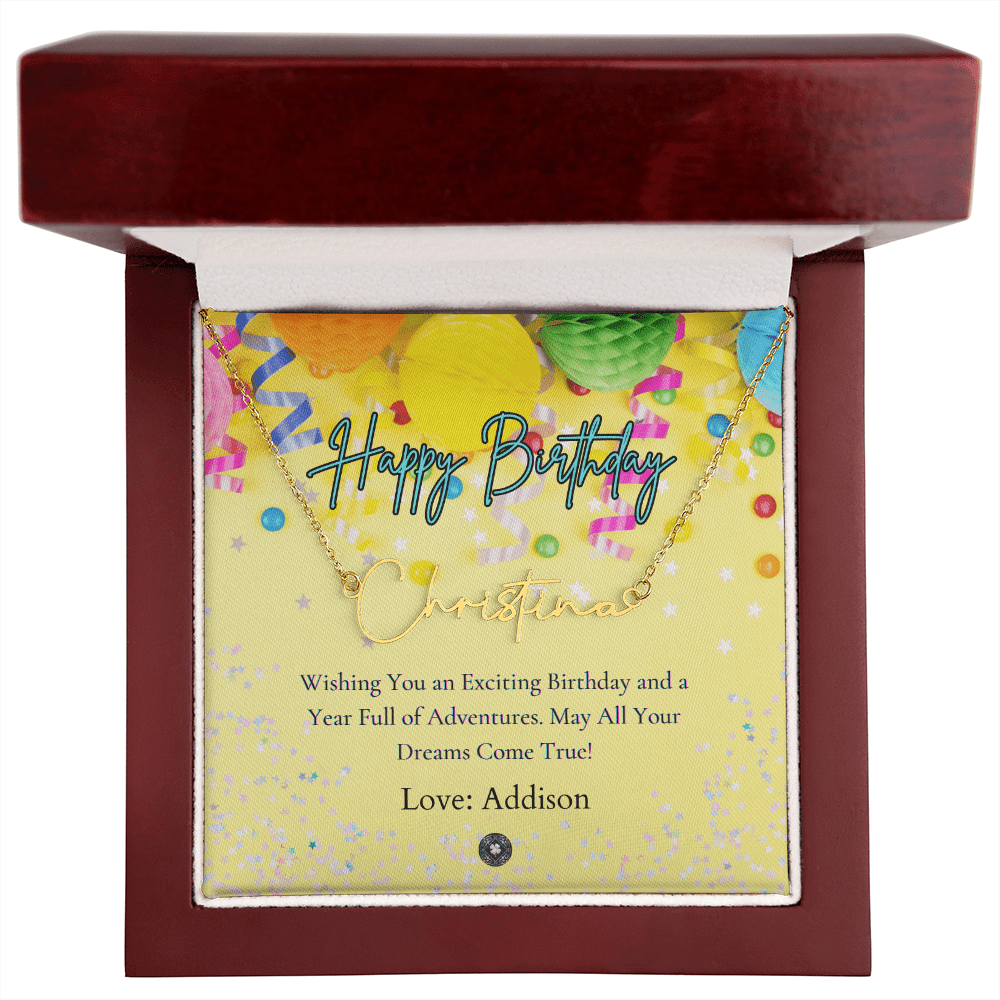 Custom Horizontal Signature Name Necklace: Exciting Happy Birthday Jewelry 18k Yellow Gold Mahogany Style Luxury Box with LED The Silver Clover & Co.