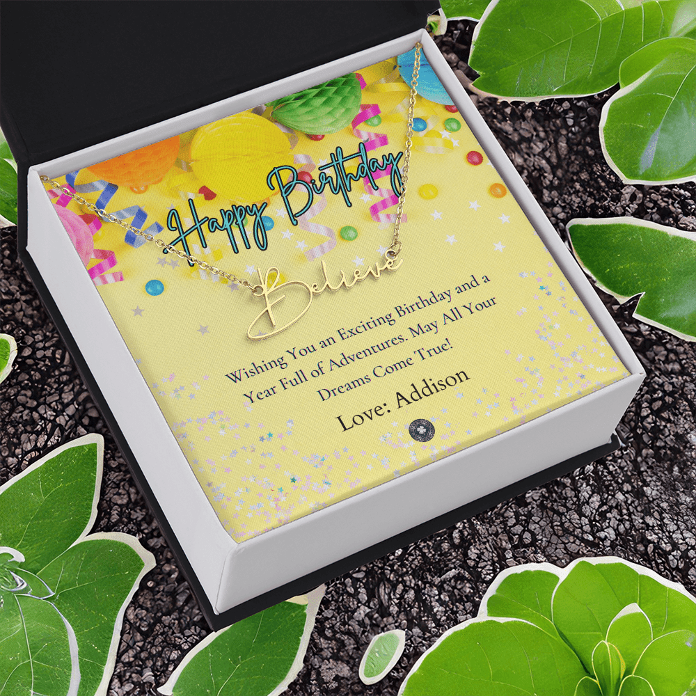 Custom Horizontal Signature Name Necklace: Exciting Happy Birthday Jewelry 18k Yellow Gold Two Tone Box The Silver Clover & Co.