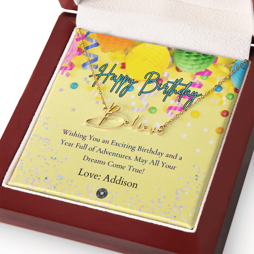 Custom Horizontal Signature Name Necklace: Exciting Happy Birthday Jewelry 18k Yellow Gold Mahogany Style Luxury Box with LED The Silver Clover & Co.