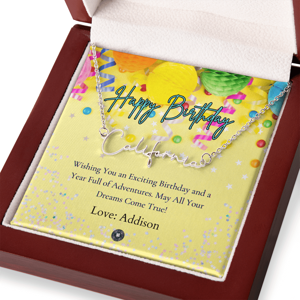 Custom Horizontal Signature Name Necklace: Exciting Happy Birthday Jewelry Polished Stainless Steel Mahogany Style Luxury Box with LED The Silver Clover & Co.