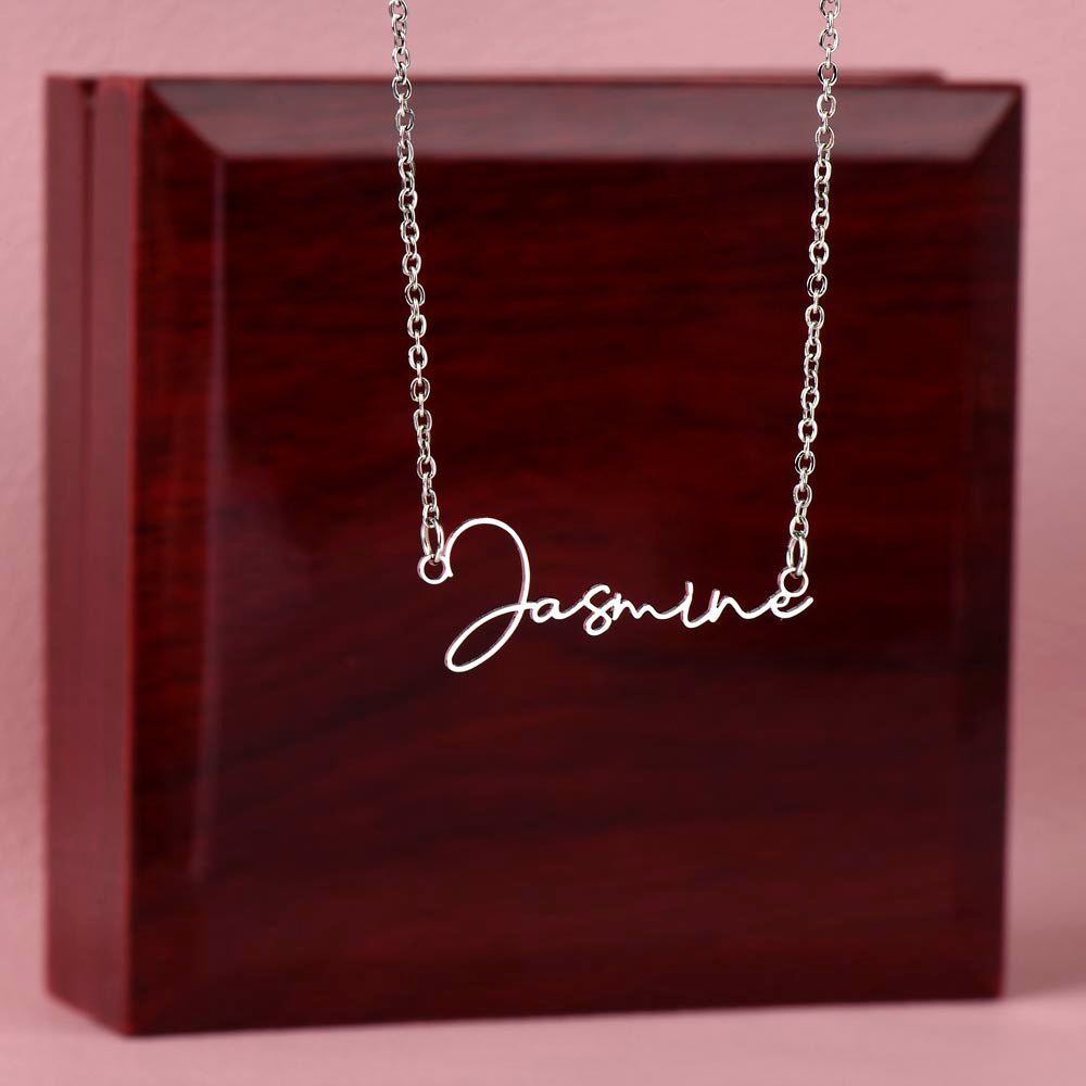 Custom Horizontal Signature Name Necklace: Exciting Happy Birthday Jewelry Polished Stainless Steel Mahogany Style Luxury Box with LED The Silver Clover & Co.