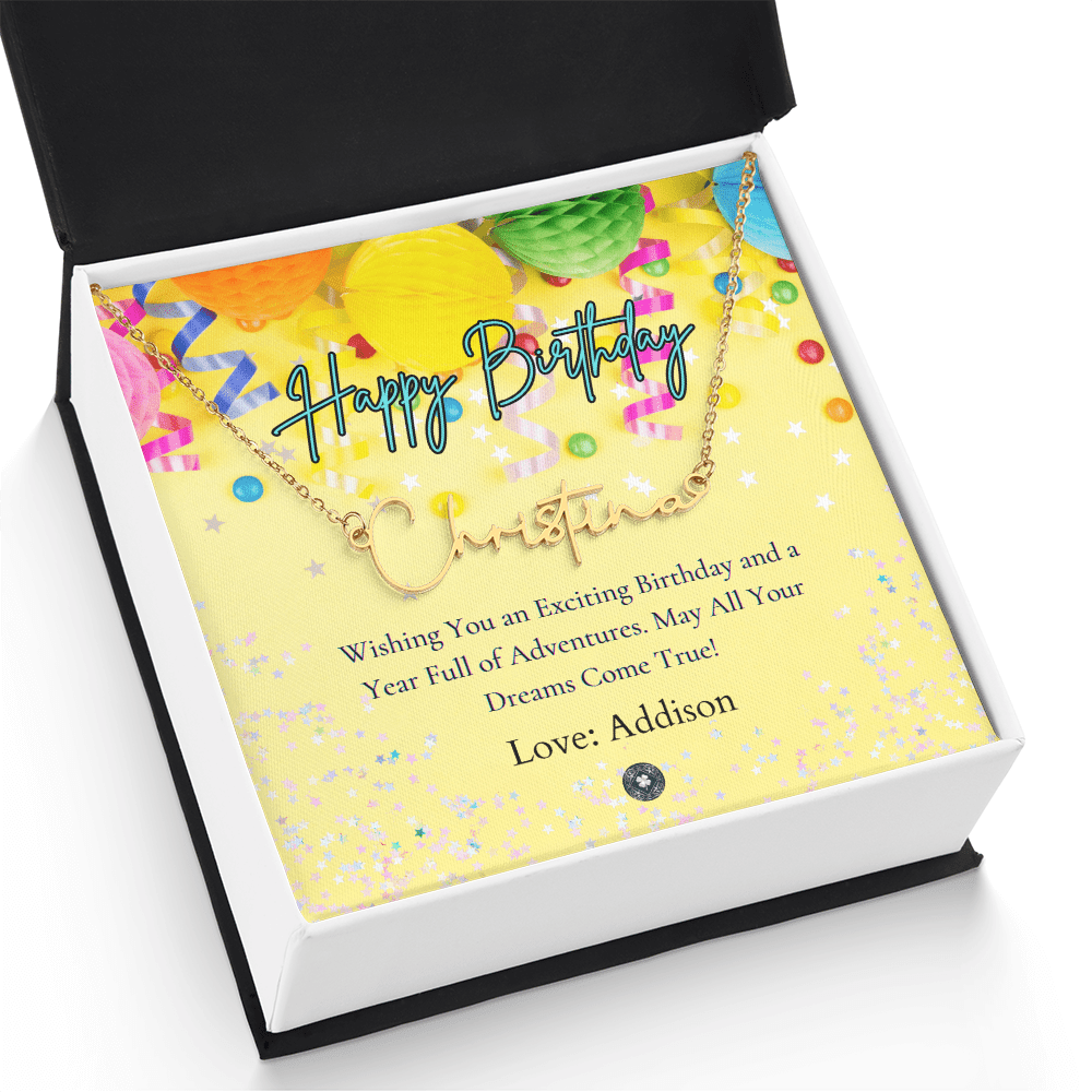 Custom Horizontal Signature Name Necklace: Exciting Happy Birthday Jewelry 18k Yellow Gold Two Tone Box The Silver Clover & Co.