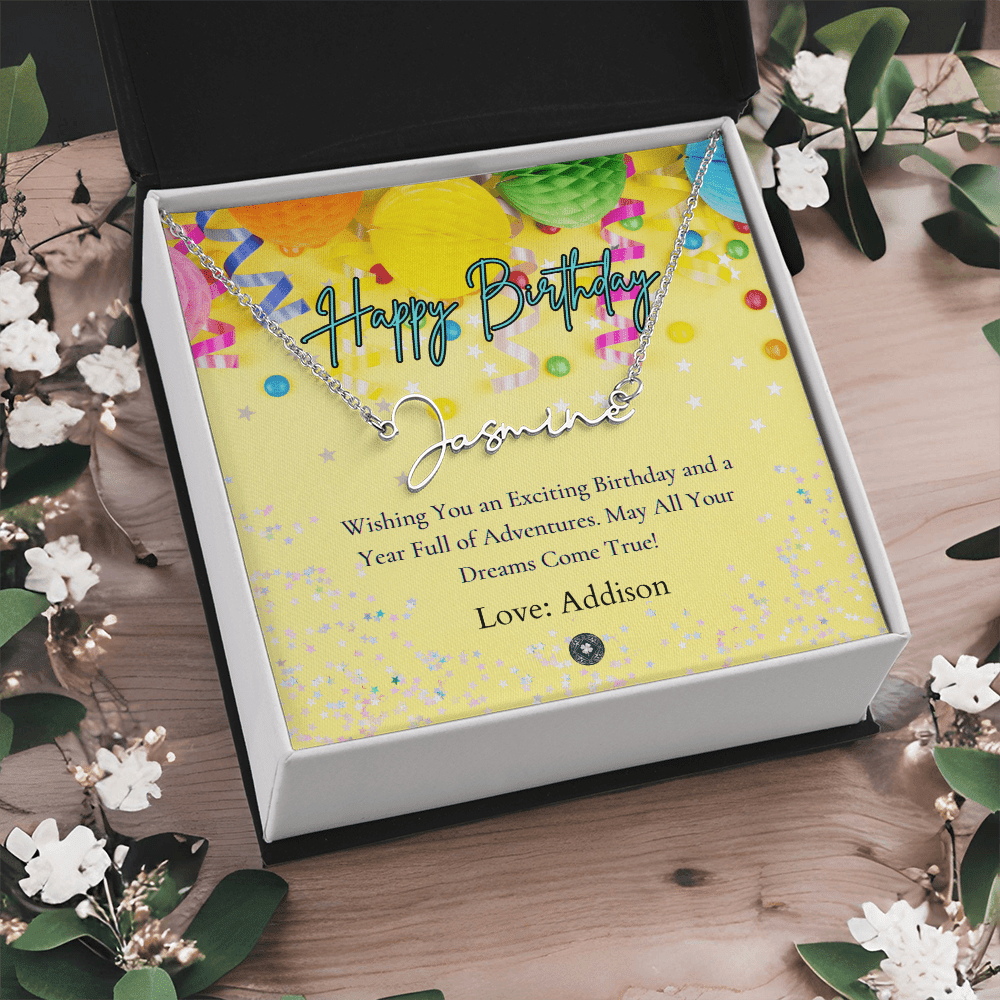 Custom Horizontal Signature Name Necklace: Exciting Happy Birthday Jewelry Polished Stainless Steel Two Tone Box The Silver Clover & Co.