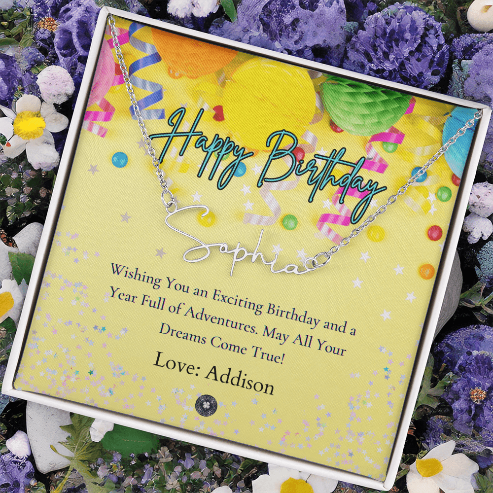 Custom Horizontal Signature Name Necklace: Exciting Happy Birthday Jewelry Polished Stainless Steel Two Tone Box The Silver Clover & Co.