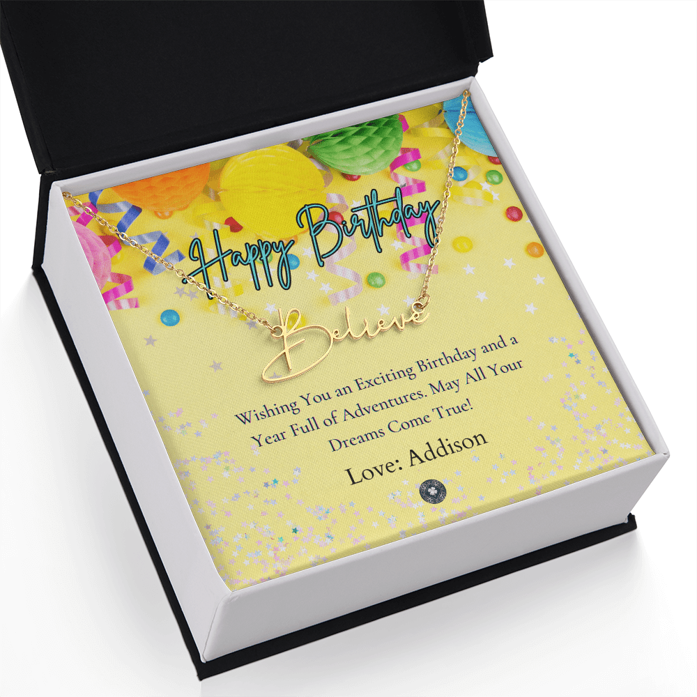 Custom Horizontal Signature Name Necklace: Exciting Happy Birthday Jewelry 18k Yellow Gold Two Tone Box The Silver Clover & Co.