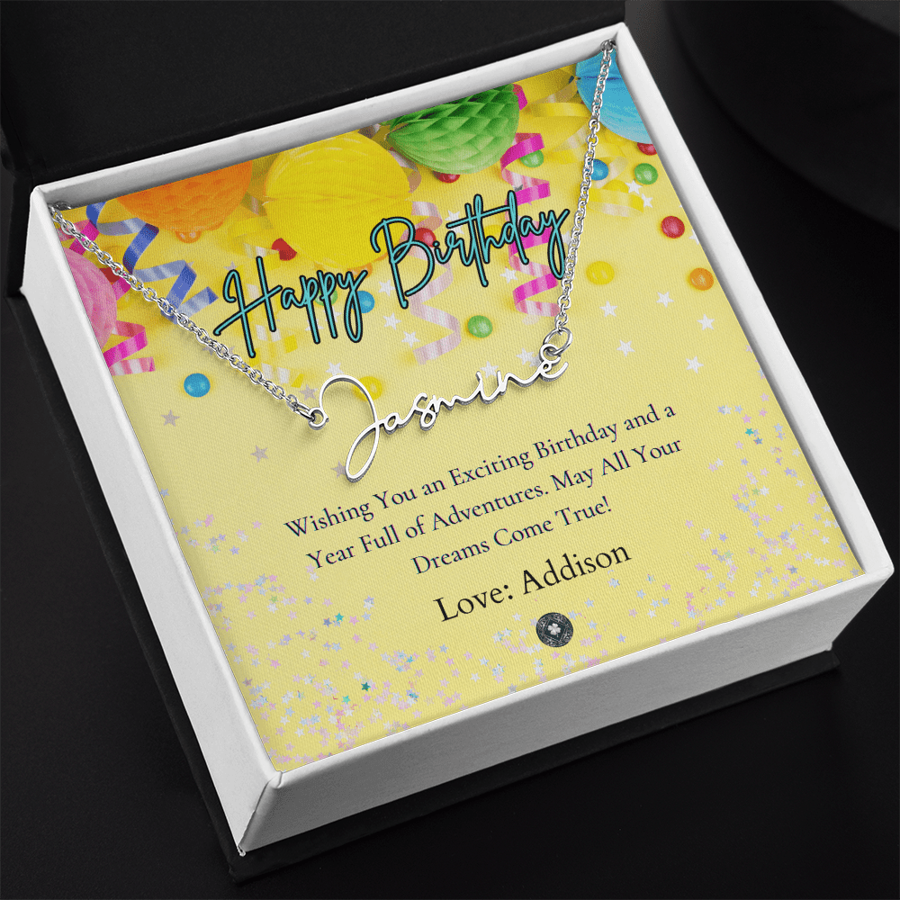 Custom Horizontal Signature Name Necklace: Exciting Happy Birthday Jewelry Polished Stainless Steel Two Tone Box The Silver Clover & Co.