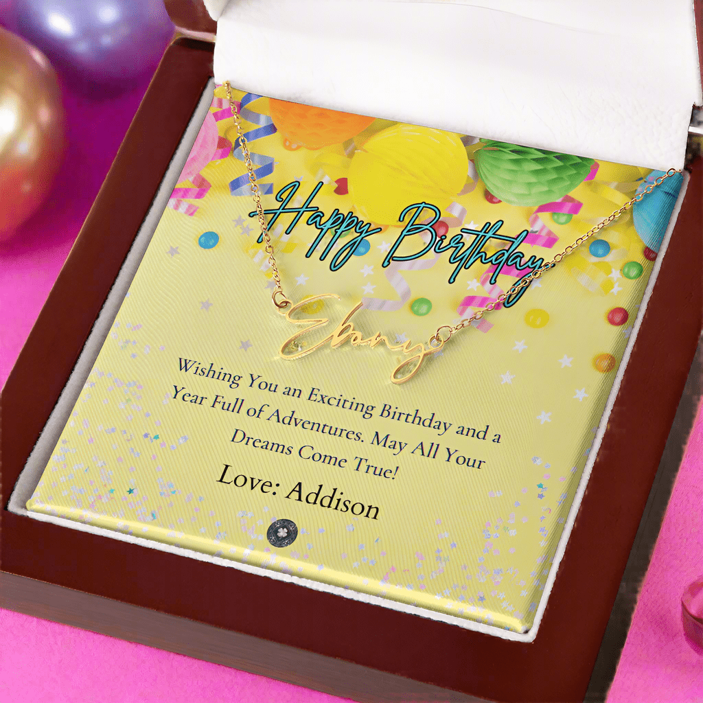 Custom Horizontal Signature Name Necklace: Exciting Happy Birthday Jewelry Polished Stainless Steel Two Tone Box The Silver Clover & Co.