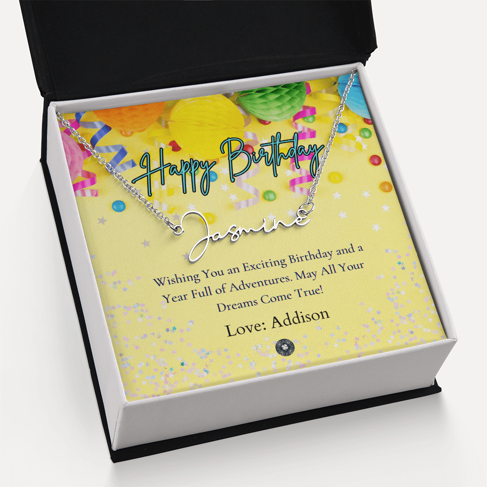 Custom Horizontal Signature Name Necklace: Exciting Happy Birthday Jewelry Polished Stainless Steel Two Tone Box The Silver Clover & Co.