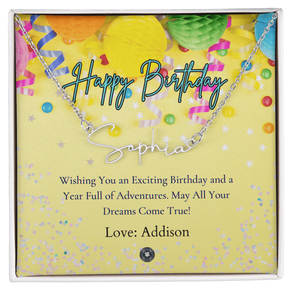 Custom Horizontal Signature Name Necklace: Exciting Happy Birthday Jewelry Polished Stainless Steel Two Tone Box The Silver Clover & Co.