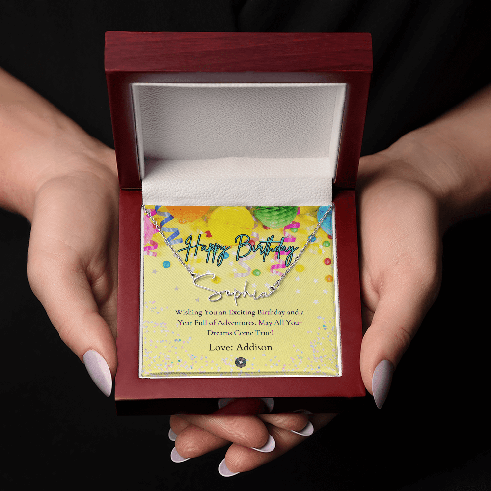 Custom Horizontal Signature Name Necklace: Exciting Happy Birthday Jewelry Polished Stainless Steel Mahogany Style Luxury Box with LED The Silver Clover & Co.