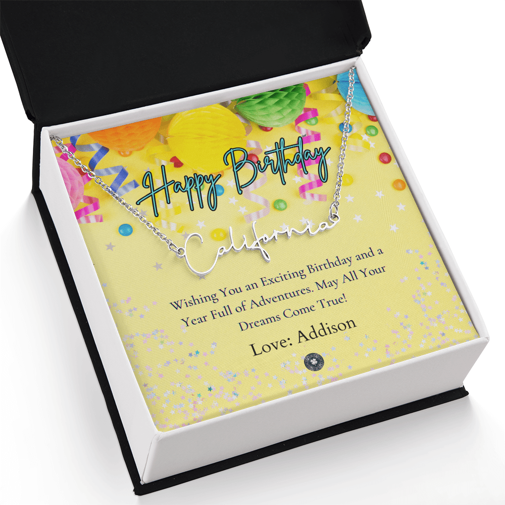 Custom Horizontal Signature Name Necklace: Exciting Happy Birthday Jewelry Polished Stainless Steel Two Tone Box The Silver Clover & Co.