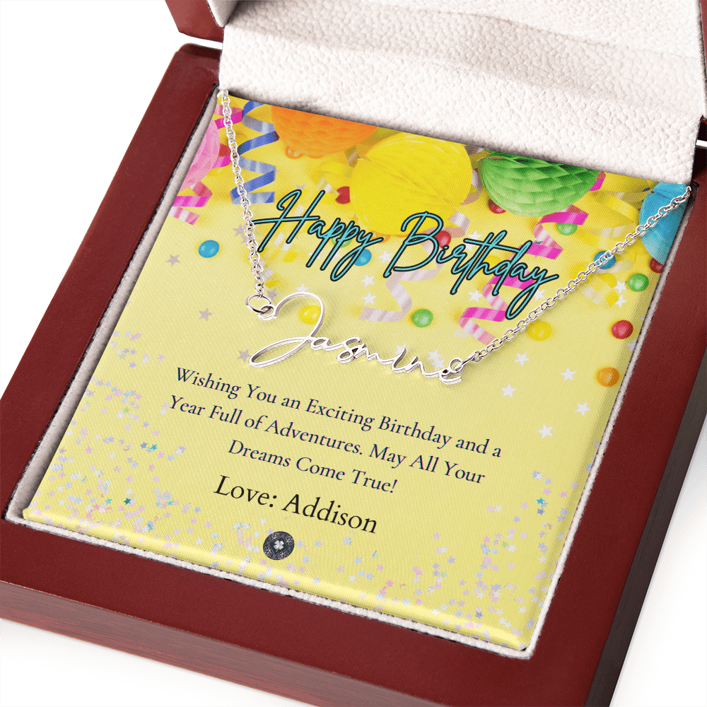 Custom Horizontal Signature Name Necklace: Exciting Happy Birthday Jewelry Polished Stainless Steel Mahogany Style Luxury Box with LED The Silver Clover & Co.