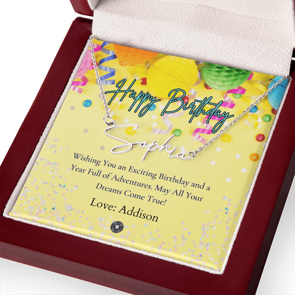 Custom Horizontal Signature Name Necklace: Exciting Happy Birthday Jewelry Polished Stainless Steel Mahogany Style Luxury Box with LED The Silver Clover & Co.