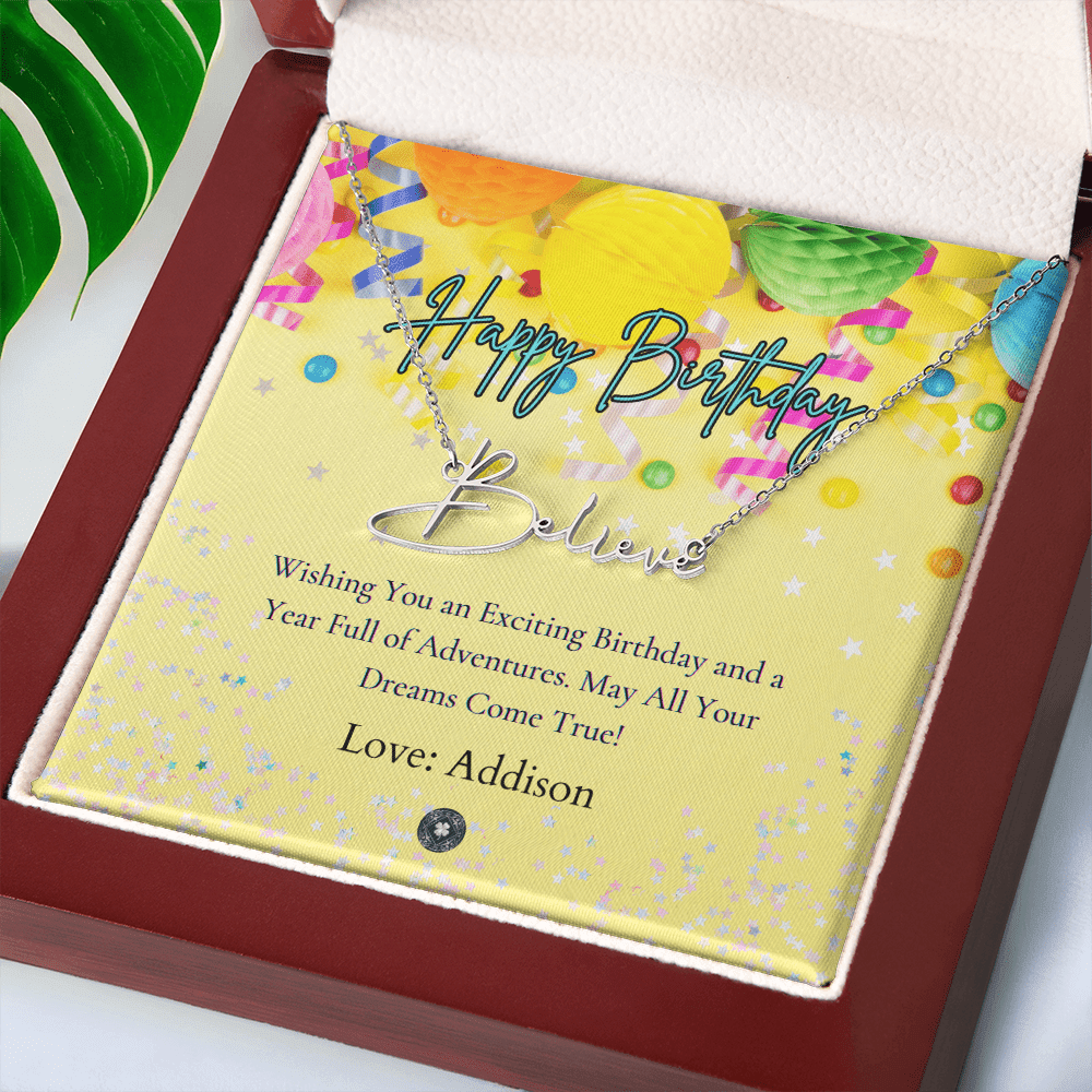 Custom Horizontal Signature Name Necklace: Exciting Happy Birthday Jewelry Polished Stainless Steel Mahogany Style Luxury Box with LED The Silver Clover & Co.