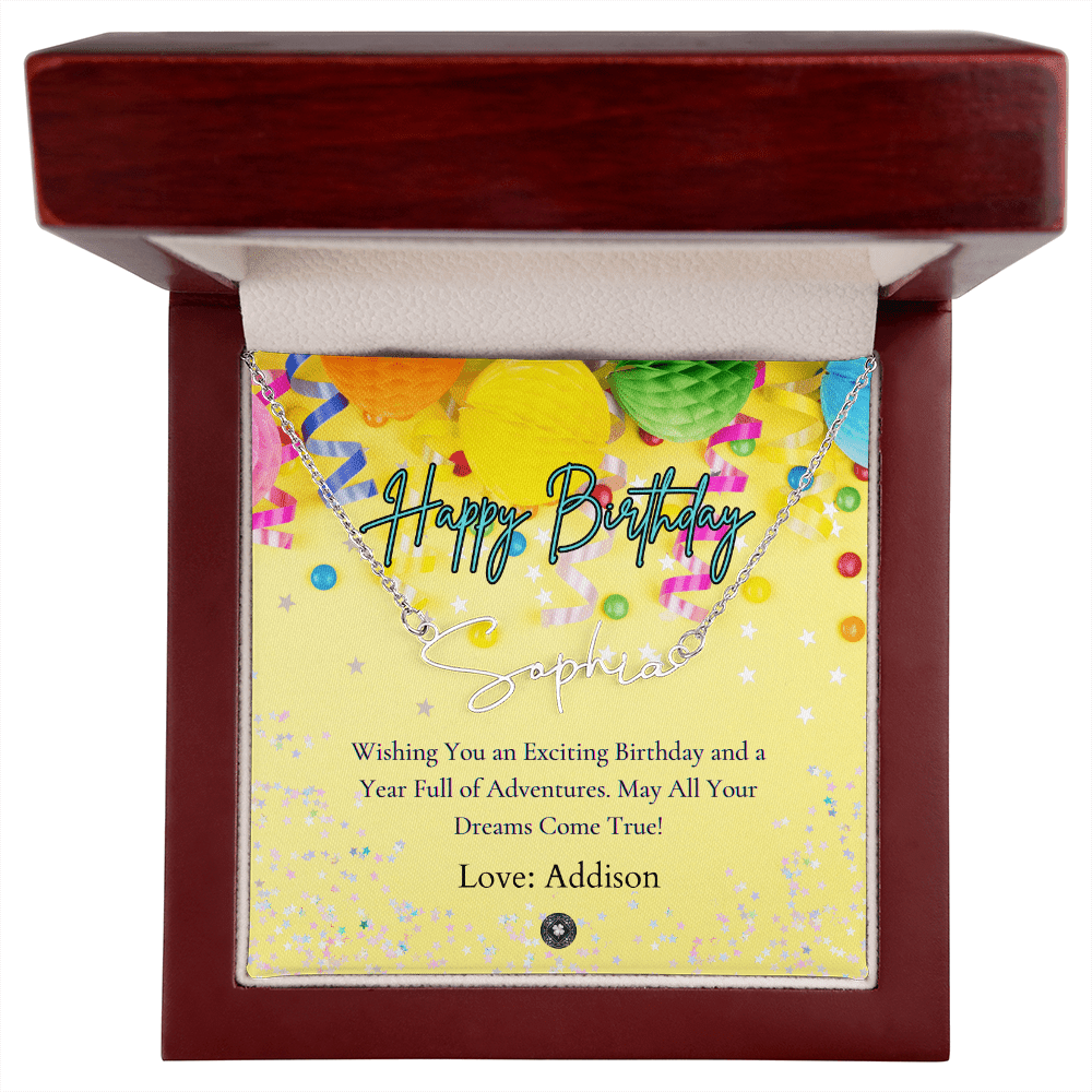 Custom Horizontal Signature Name Necklace: Exciting Happy Birthday Jewelry Polished Stainless Steel Mahogany Style Luxury Box with LED The Silver Clover & Co.