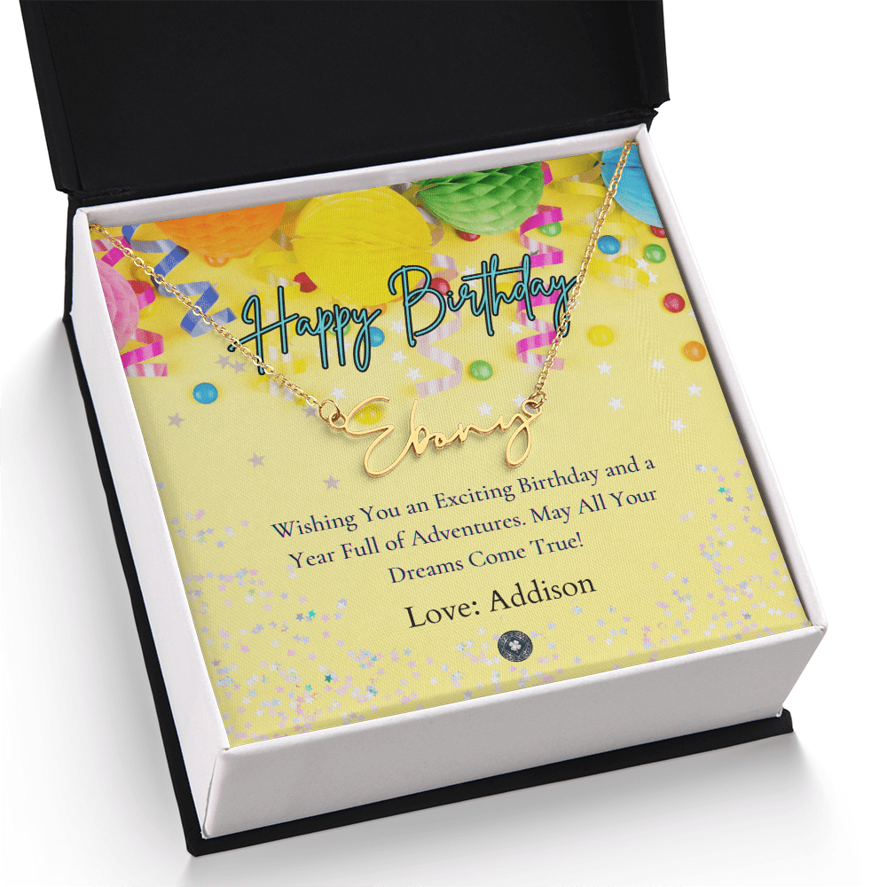 Custom Horizontal Signature Name Necklace: Exciting Happy Birthday Jewelry 18k Yellow Gold Two Tone Box The Silver Clover & Co.