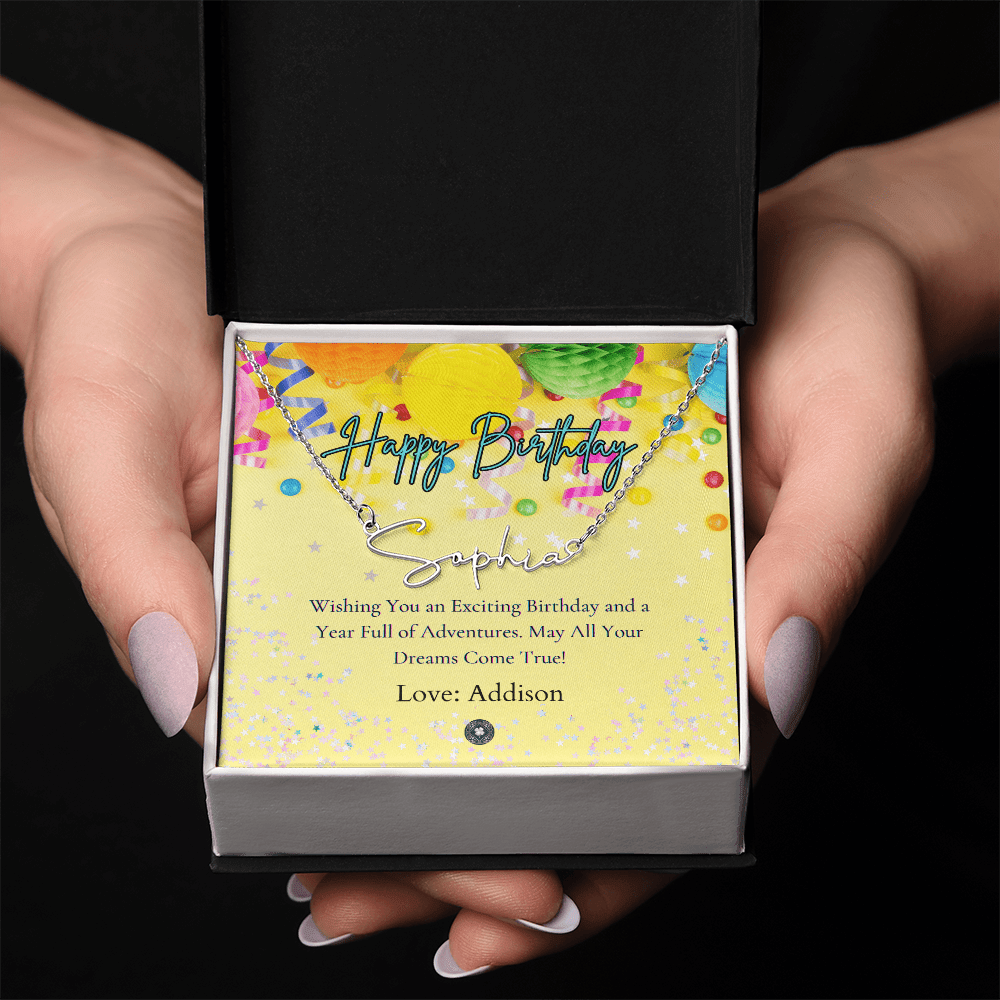 Custom Horizontal Signature Name Necklace: Exciting Happy Birthday Jewelry Polished Stainless Steel Two Tone Box The Silver Clover & Co.