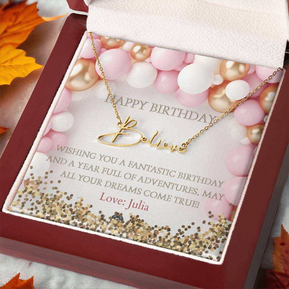 Custom Horizontal Signature Name Necklace: Fantastic Happy Birthday Jewelry 18k Yellow Gold Mahogany Style Luxury Box with LED The Silver Clover & Co.